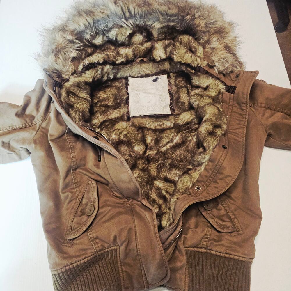 Vintage Y2K Abercrombie & Fitch 2000s Faux Fur Lined Hooded Bomber Jacket L - Picture 4 of 12